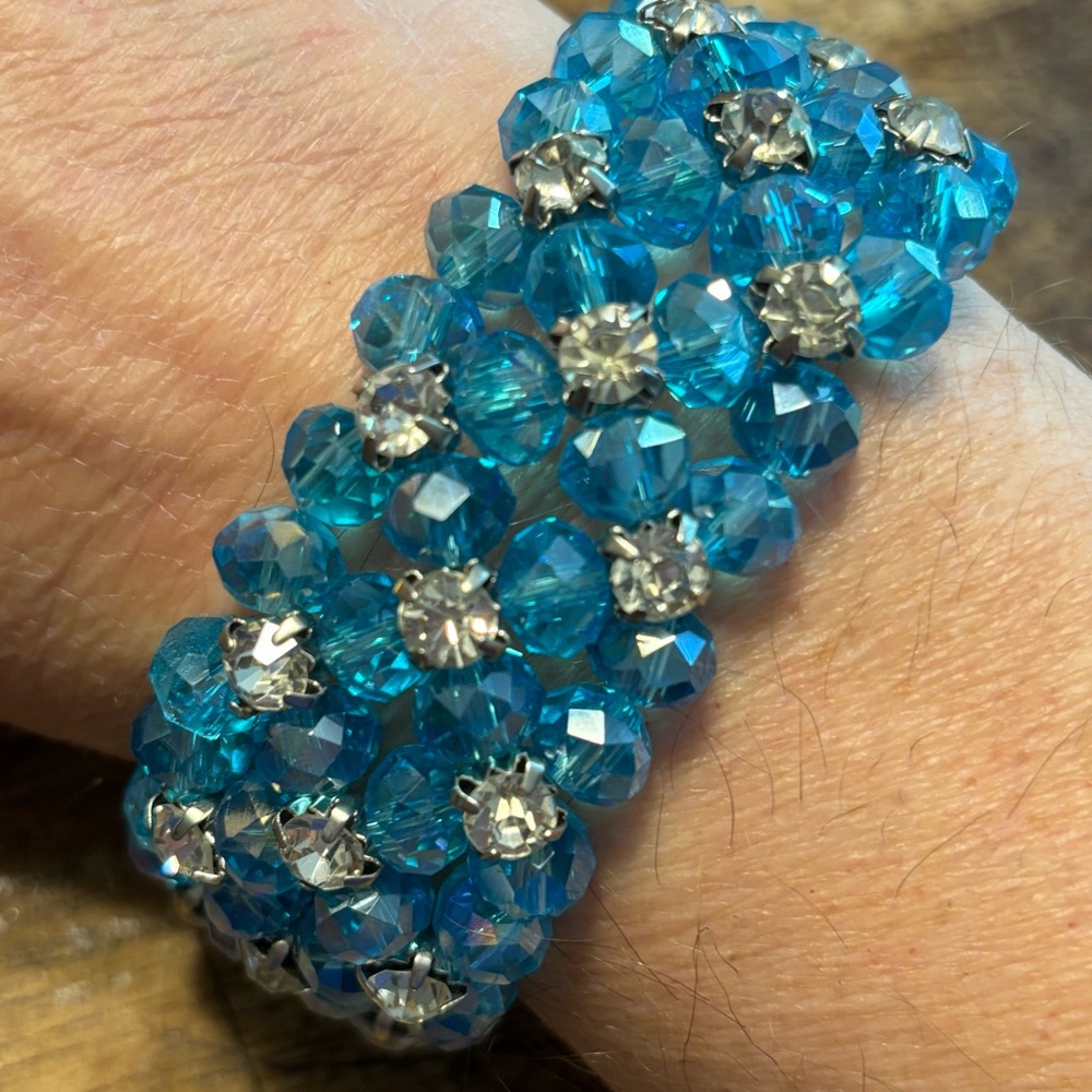Aqua Blue Crystal and White Rhinestone Stretch Bracelet